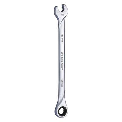 Combination Wrench: Alloy Steel, Chrome, 15 mm Head Size, 9 3/4 in Overall  Lg, Standard, Rounded